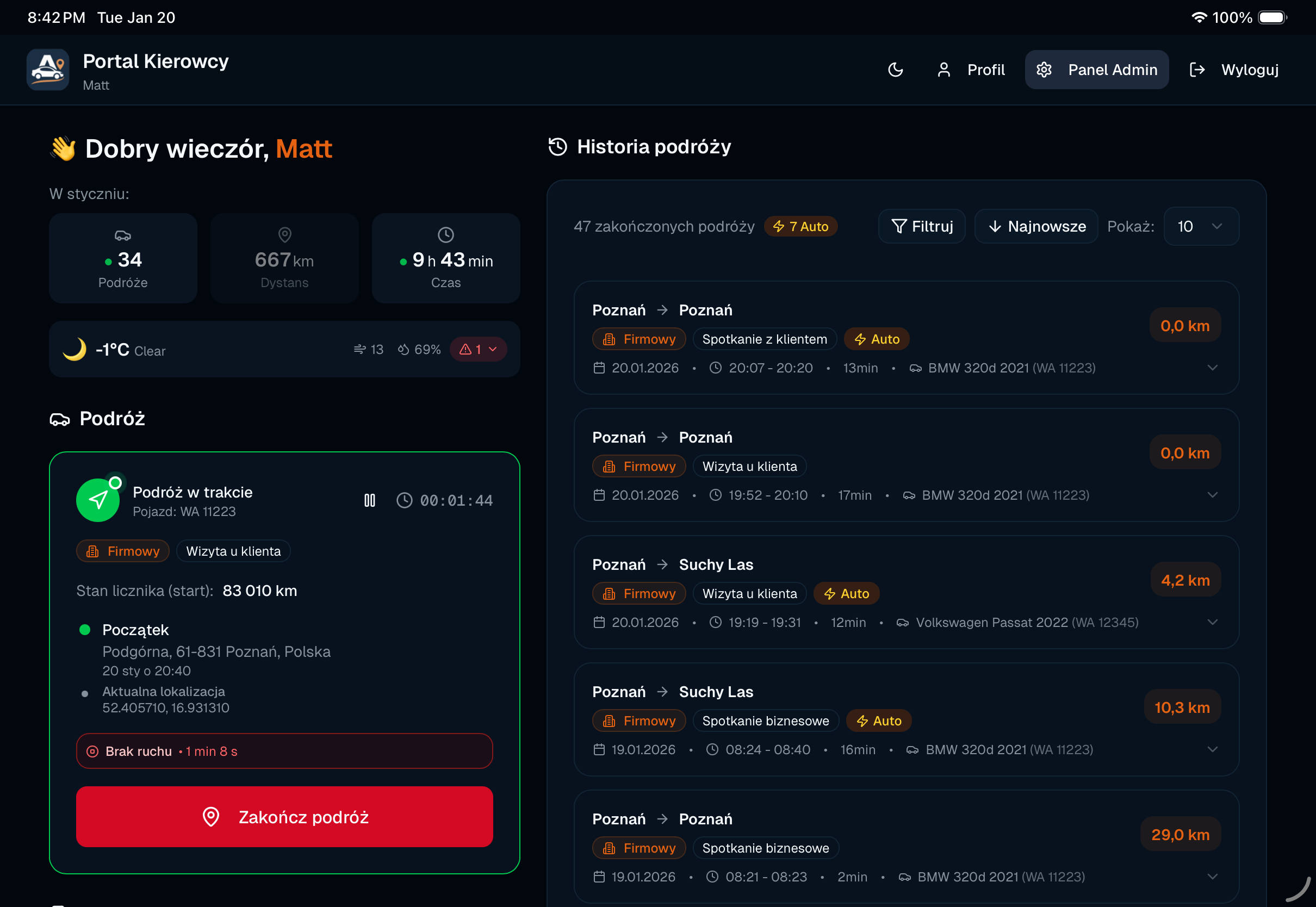Autokilometry - Panel kierowcy (dark)